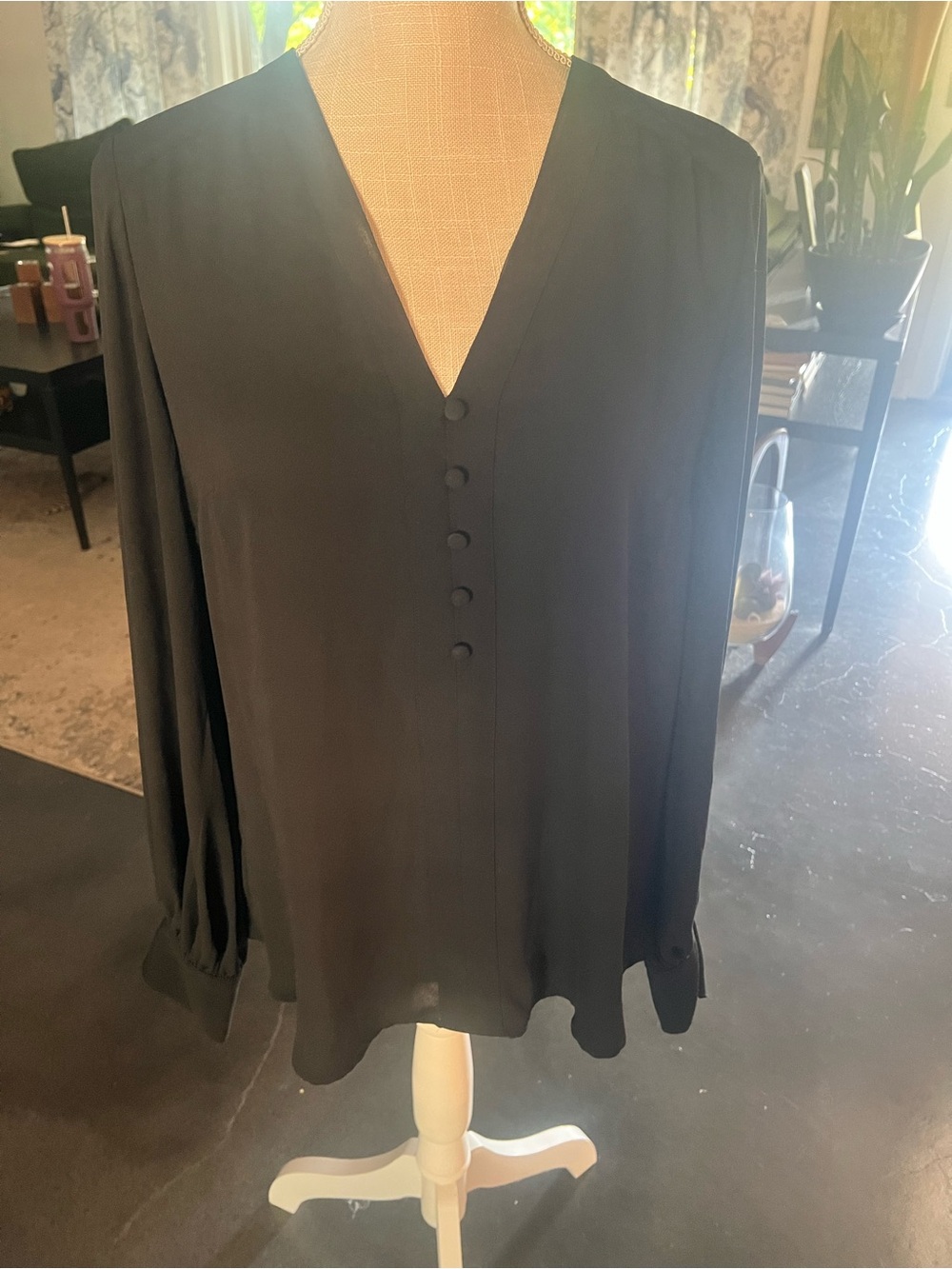 Express Black V-Neck Button-Front Long Sleeve Blouse